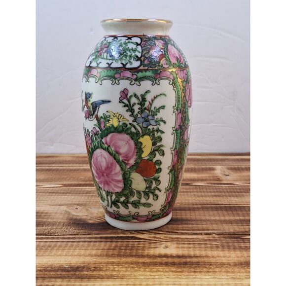 Chinese Red Dragon Stamp Family Rose Porcelain Vase Vtg 6" X 3" Floral Bird Deco - Picture 4 of 12